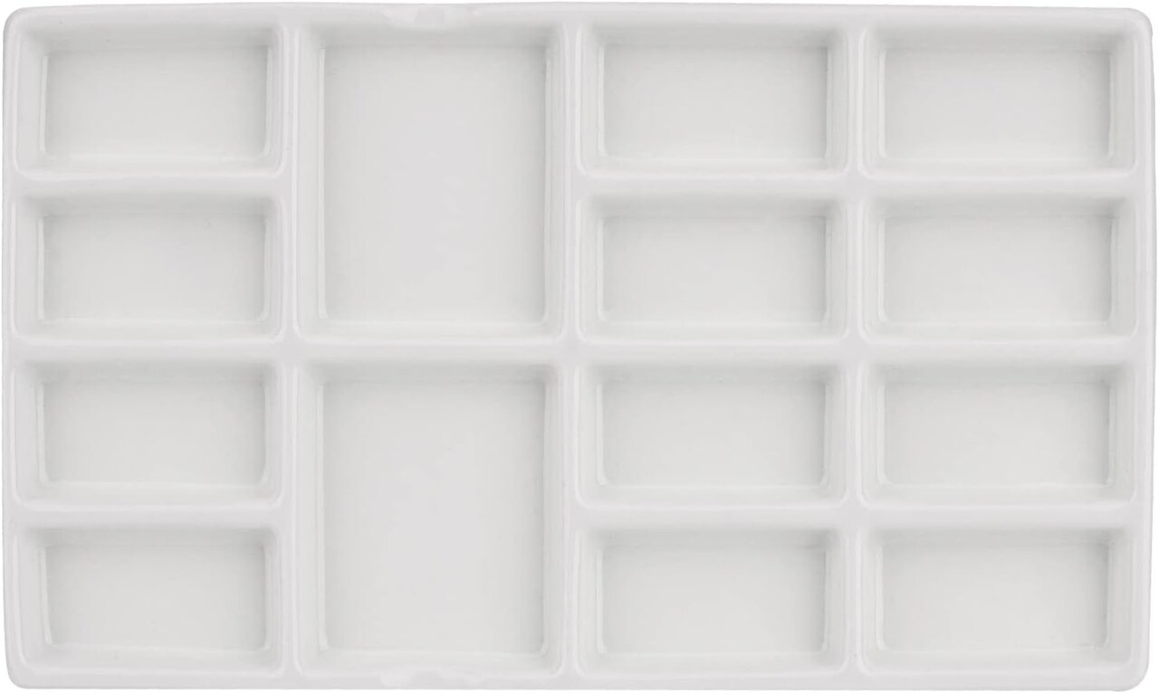 8 Inch 14 Wells Artist Ceramic Paint Palette, Rectangle Ceramic Watercolor Painting Mixing Tray for Watercolor Gouache Acrylic Oil Painting